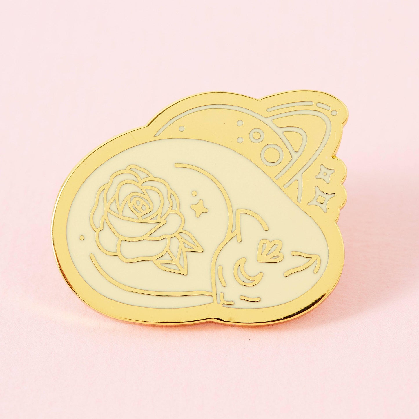 Sleeping Rose Cat Gold Plated Pin